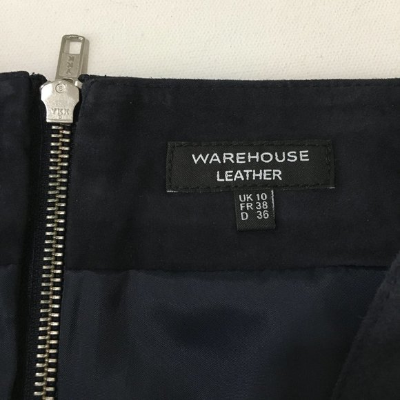 Warehouse-Leather Navy Blue Suede A Line Skirt Below Knee Size 6 - Picture 6 of 11